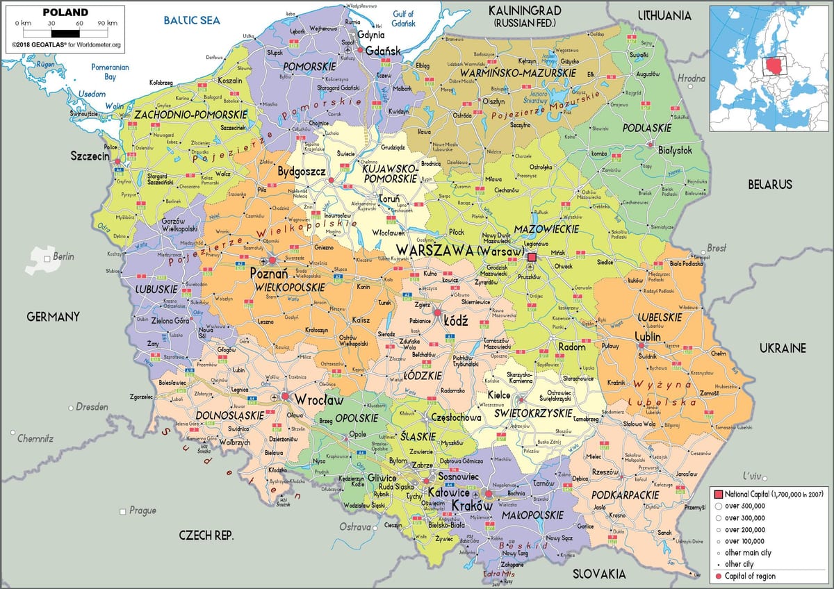 Polska a okolních zemí mapě