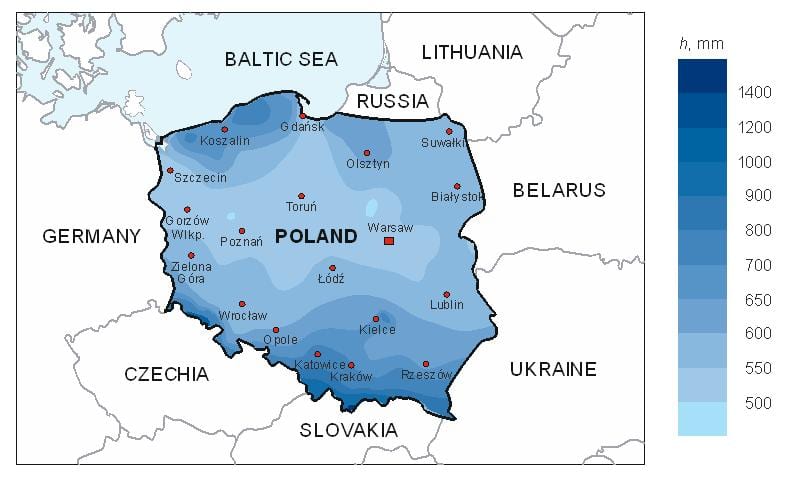 mapa Polska déšť