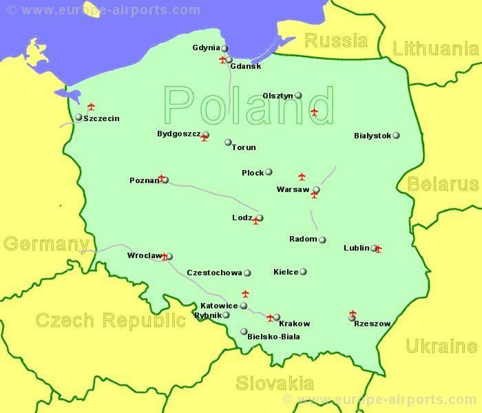 mapu Polska zobrazující letišť