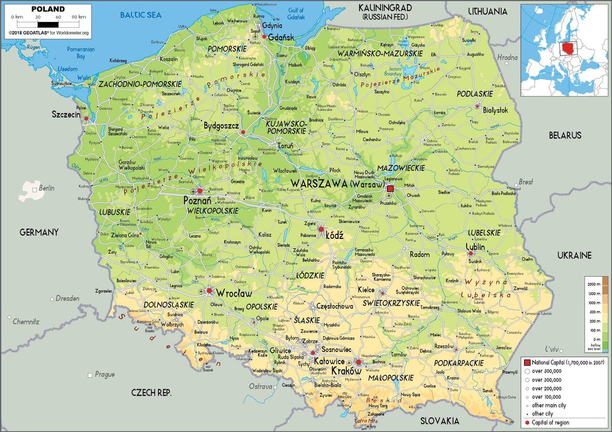 mapa ukazuje Polsko
