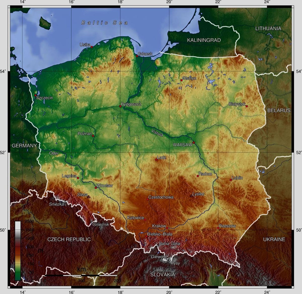 mapa Polska nadmořská výška