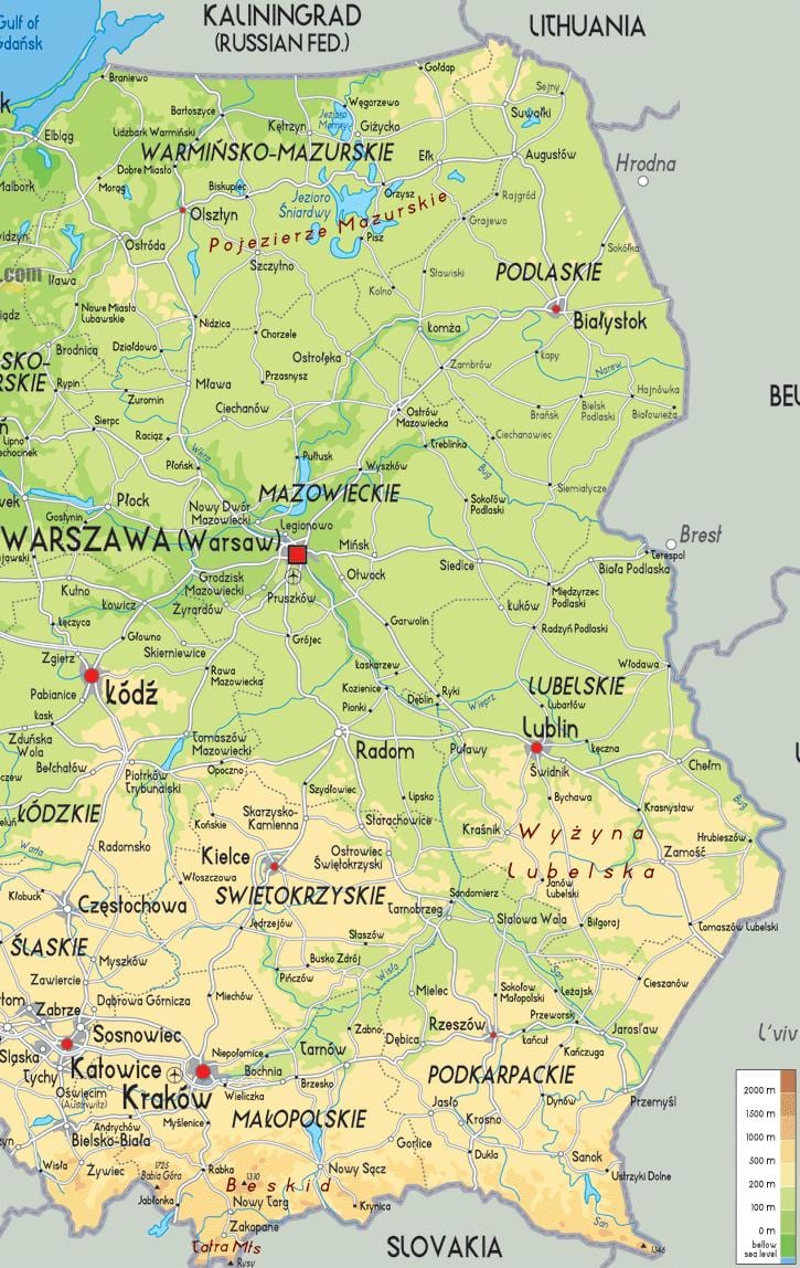 mapa východní Polsko