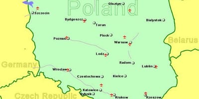 Mapu Polska zobrazující letišť